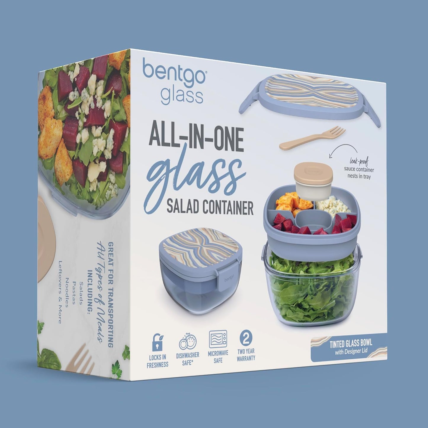 Bentgo Glass Salad Container - 7.6-Cup Salad Bowl with Airtight Lid, Leak-Proof Sauce Container, 4-Compartment Bento Tray & Reusable Fork - BPA-Free for Meal Prep, Office & More (Light Blue)
