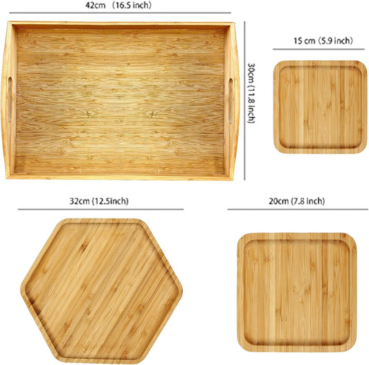 Bamboo 4 Pack Serving Trays for Party Large One with Handle