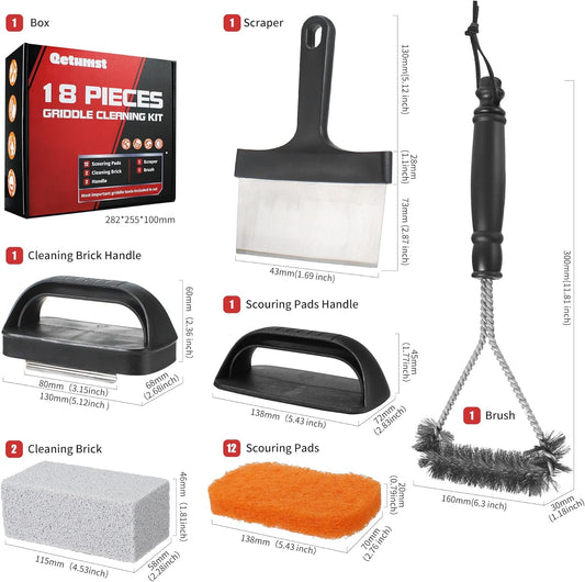Upgraded Griddle Cleaning Kit for Blackstone, Flat Top Grill Cleaner Set with Grill Stone, Griddle Scraper, Scouring Pads and Handles, BBQ Accessories Tools Set for Deep Cleaning (19 PCS)