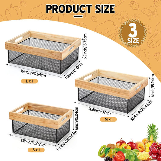 Honeydak 3 Pcs Metal Wire Baskets Stackable Wooden Countertop Baskets for Kitchen Large Wooden Storage Organizer for Pantry Farmhouse Decor Mesh Storage Organizer Bins for Laundry Room Bathroom Closet