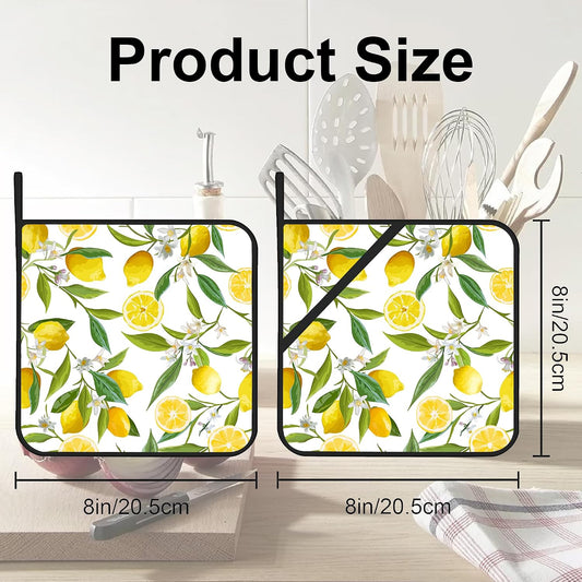 Lemon Fruits Pot Holders Set of 2 Heat Resistant & Non Slip Potholders, White Flower Oven Hot Pads for Kitchen Cooking Baking Barbecue
