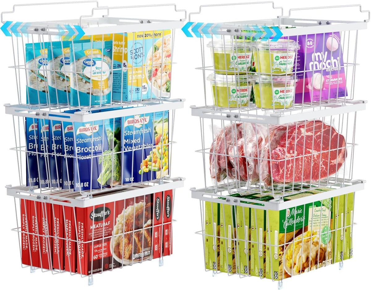 iSPECLE Chest Freezer Organizer - Adjustable Width & Extra Depth, 3 Pack | For 5-7 Cu Ft Chest Freezers, Stackable Large Freezer Organizer Bins, Easy Food Access & Organization, No Wasted Space, White