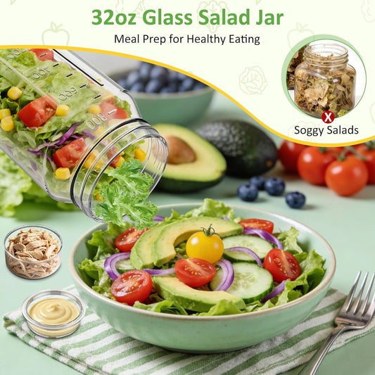 4Pack Glass Salad Jars with Lids, 32oz Salads Mason Jars with Wet/Dry Separation Cup, Meal Prep Salad Containers for Lunch, Leakproof Wide Mouth Food Storage Containers, BPA-Free Reusable (Black)