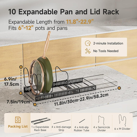 MUDEELA Pot Lid Organizer for Cabinet, Expandable Baking Pan Rack 10 Slots