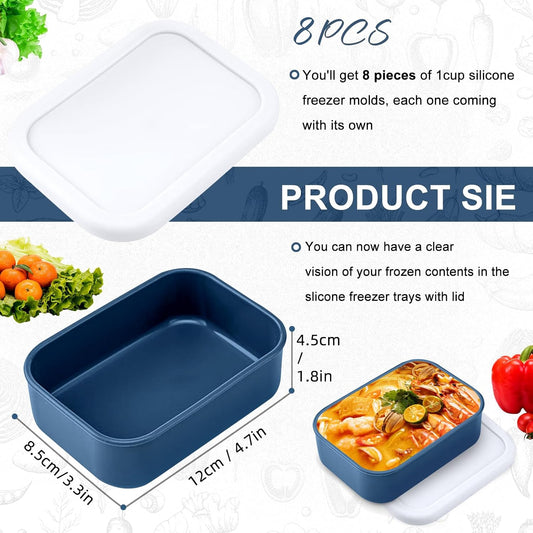 8 PCS 1 Cup Silicone Freezer Molds with Lids, Reusable Leak-Proof Soup Containers, Ice Trays Food Storage Trays for Meal Prep, Soups, Sauces, Stews, Dishwasher Safe(Grey, 250, Milliliters)