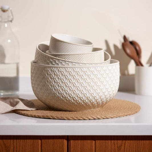 KooK Ceramic Nesting Bowls, Embossed, Oven Safe, Set of 4, Ivory