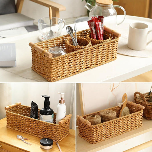 Handwoven Storage Basket Decorative Basket Rectangular with Handles Organizer for Living Room Toilet Pantry Bookcase Cabinet, Style B