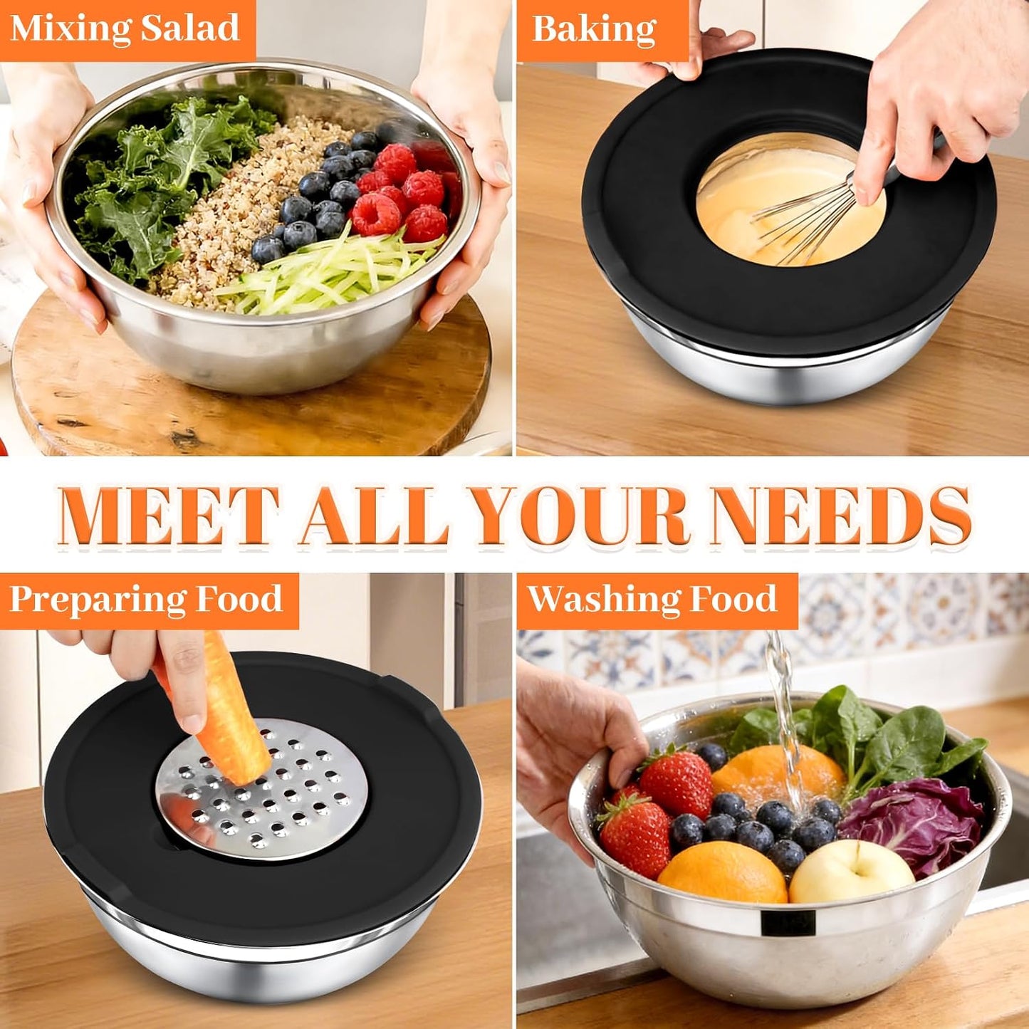 21PCS Mixing Bowls with Lids Set - 7 Nesting Mixing Bowls, 3 Graters, 11 Baking Tools, Lids, Stainless Steel Mixing Bowls for Mixing & Baking, Size 0.7/1.1/1.5/2.1/3.5/4/4.5 QT, Black