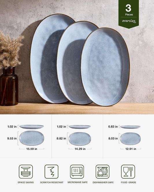 famiware Serving Platter, Oval 15.59/14.3/12.9inch Serving Dishes for Entertaining, Serving Bowls, Microwave Safe, Stoneware Serving Trays for Party, Food, Turkey, Cheese, Ocean Series, Vanilla White