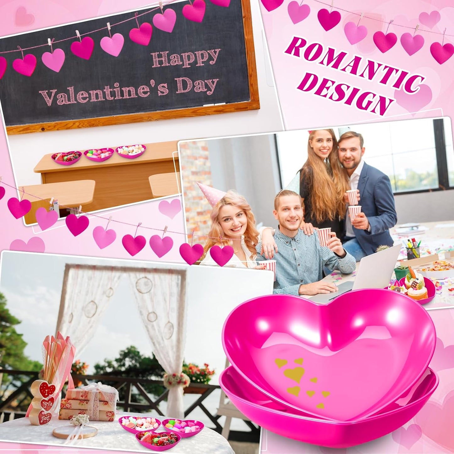 Reallnaive 6 Pcs 8.7 Inch Valentines Day Heart Shaped Plates Dessert Bowls Appetizer Plates Salad Bowls for Gift Valentine's Day Anniversary Party Supplies