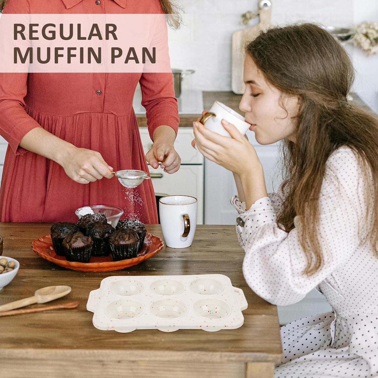 2 Pack Silicone Muffin Pan - Non Stick Collapsible Metal-Reinforced Frame Cupcake Pan with Handles 6 Cup Regular, BPA Free Cupcake and Medium Muffin Tray, Baking Pan Molds for Oven Dishwasher Safe