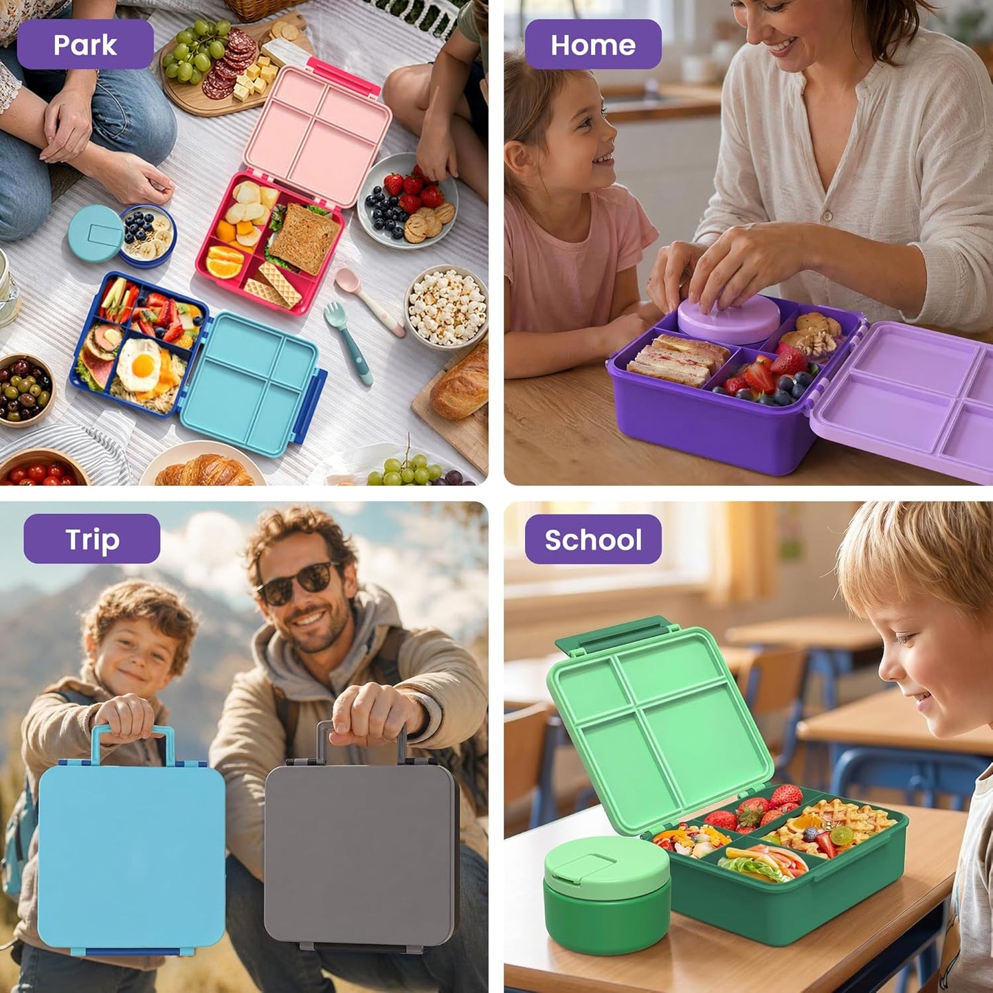 LOHASOK Bento Lunch Box Kids with 8oz Soup Thermo, Leak-Proof Lunch Containers with 4 Compartment, Thermo Hot Food Jar and Insulated Lunch Box for School Blue