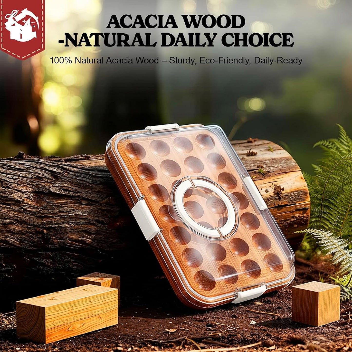 Renmxj Deviled Egg Containers with Lid, Acacia Wooden Base with 28 Slots
