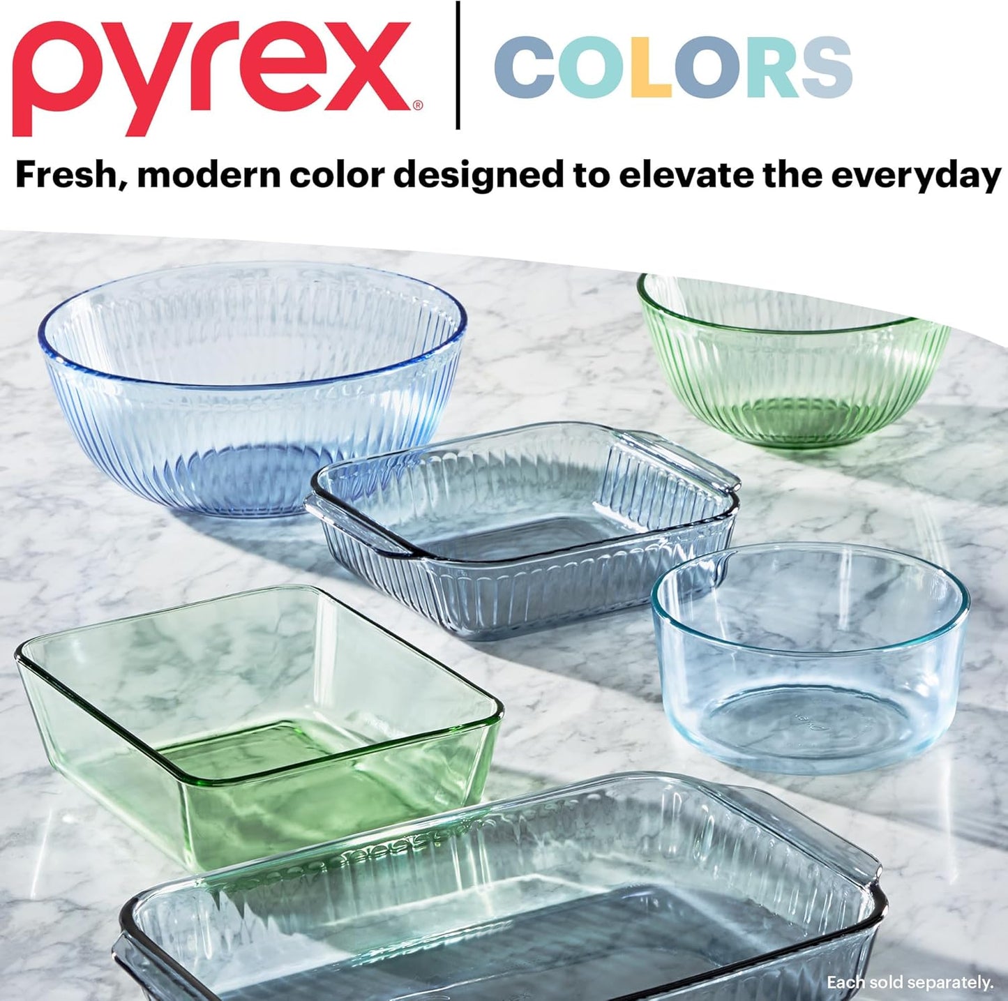 Pyrex Colors (3-Pack, Full Set) Sculpted Tinted Glass Mixing Bowls With Plastic Lids, Nesting Space Saving Set of Bowls For Prepping and Baking, 1.3QT, 2.3QT & 4.5Q, (Pink, Green, Blue)