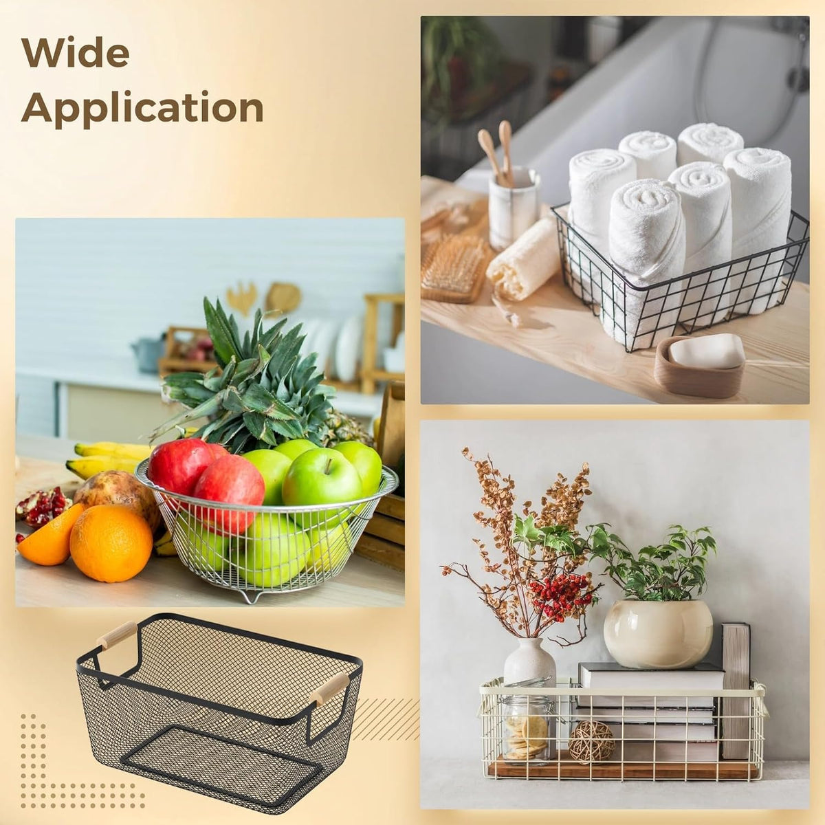 4pcs Metal Mesh Basket with Wooden Handles,Metal Mesh Wire Storage Baskets Dual Handle Wire Basket, Iron Bamboo Construction, Ideal for Kitchen Home Office Organization