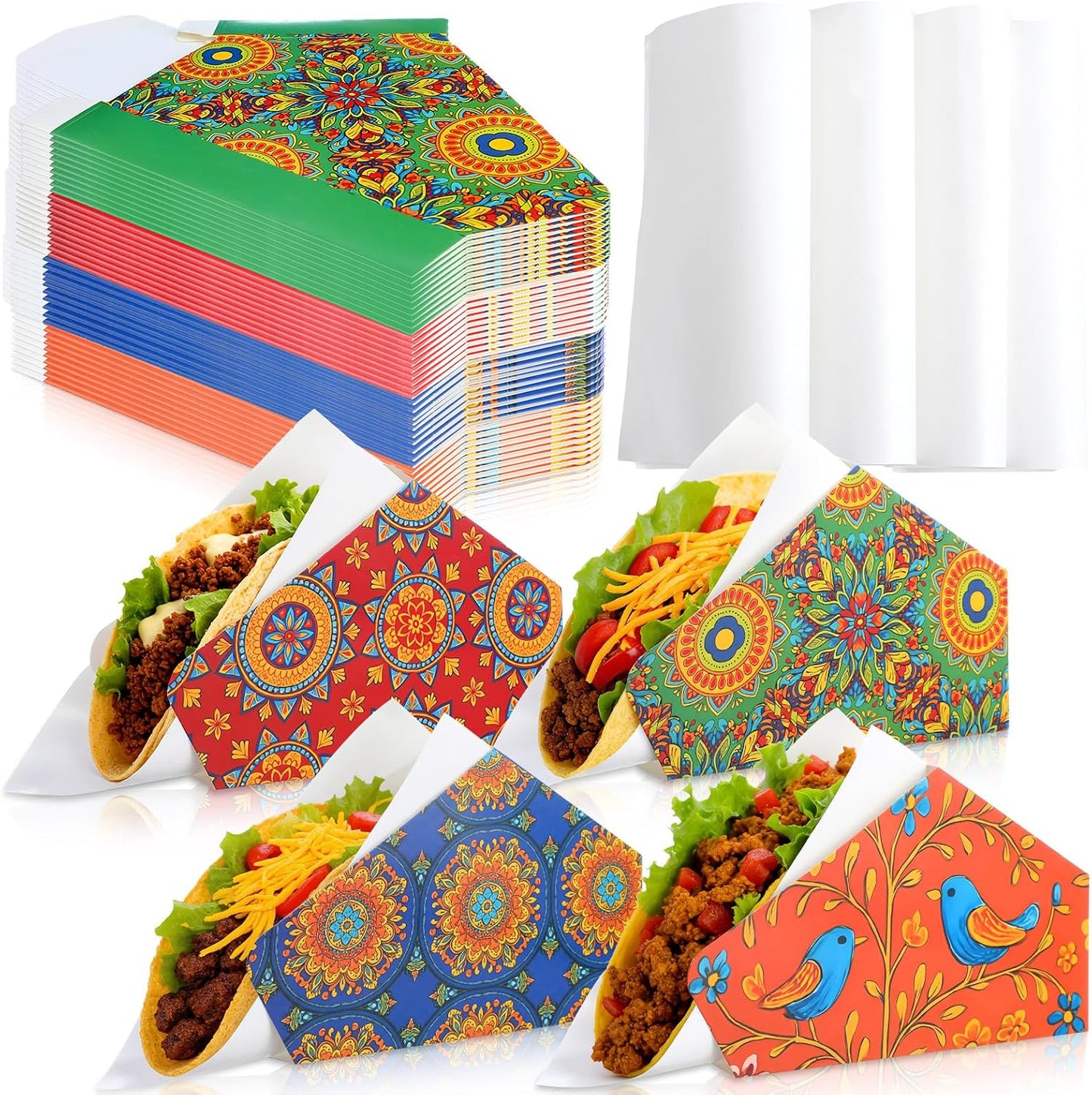 Qinyoung 120 Sets Disposable Taco Holders Bulk with Greaseproof Fiesta Paper Holder Shells Stand Rack Tray Stand up Nacho Holder Party Snack for Taco Tuesday Nights Party Supplies(5.5×2×2.2 Inches)
