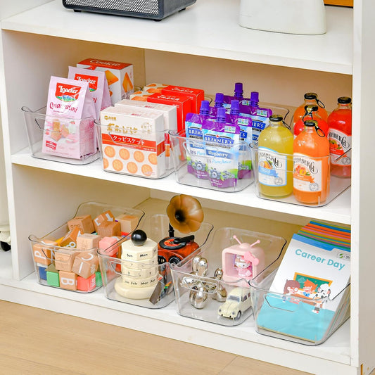 8 Pack Plastic Storage Bins with Bamboo Lids - Stackable Storage Baskets with Handle for Pantry Organizer and Storage, Plastic Containers Bins Lidded Storage Bins for Classroom Office Shelves