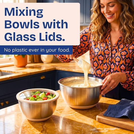 Non-Toxic Stainless Steel Mixing Bowls, Glass Lids, Plastic Free, 5-Pcs