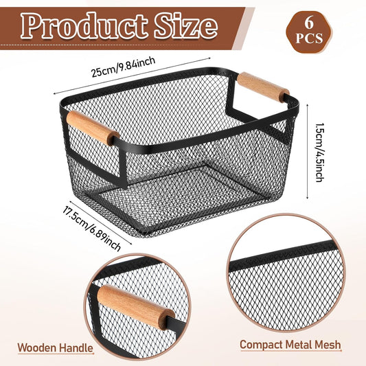 6 Pcs Metal Wire Basket with Wooden Handles, Black Mesh Steel Storage Organizer Bin Containers for Home Organizing Cabinet Pantry Closet Kitchen Fridge Fruit Makeup Snacks