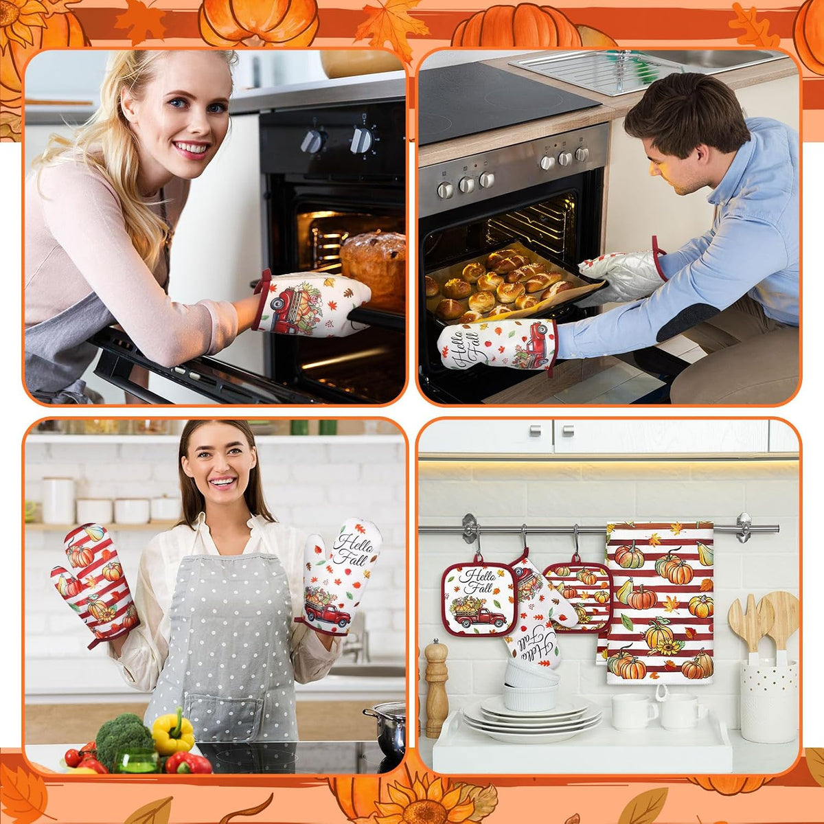 Qinyoung 6 Pcs Fall Kitchen Decor Pumpkin Pot Holders and Oven Mitt Sets