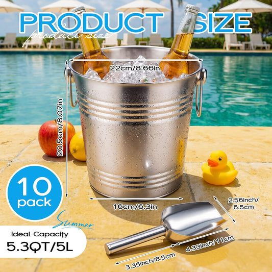 meekoo 10 Set 5.3 QT / 5 L Ice Bucket with Scoop Bulk, Stainless Steel Champagne Ice Bucket for Parties Insulated Wine Chiller Buckets with Handle to Keep Frozen Longer, Ideal for Cocktail Bar Wine