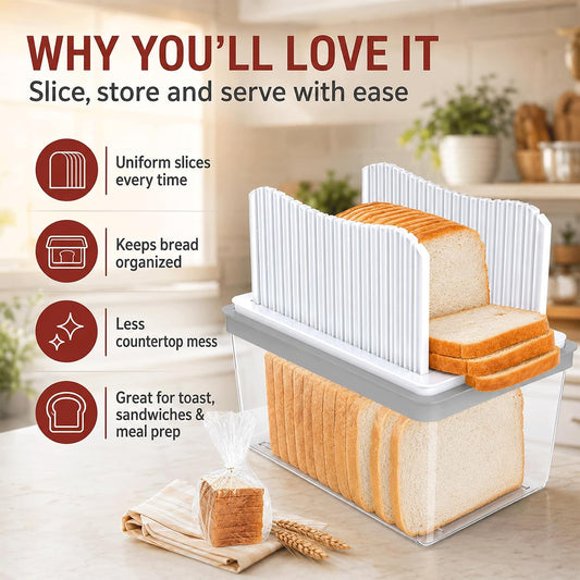 Bread Slicer for Homemade Bread, Foldable Manual Bread Slicer with Adjustable Slicing Guide and Crumb Tray, Even Bread Cutter for Sourdough, Sandwich Bread, Toast, Loaf Cakes, Compact Kitchen Tool