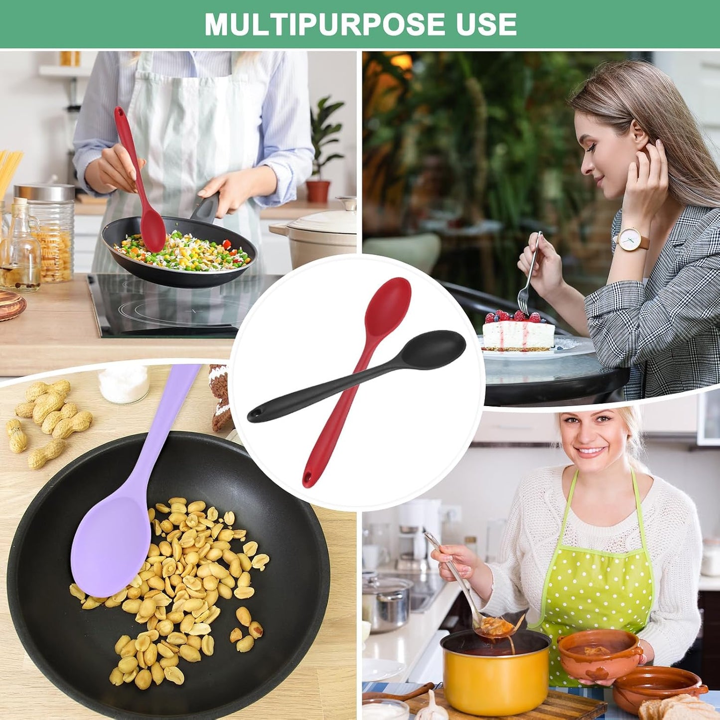 M METERXITY 2-Pack Silicone Cooking Spoons, 10.6" Mixing Nonstick Slotted and Solid Serving Spoons, Heat Resistant Utensils for Kitchen/Cooking/Baking/Stirring