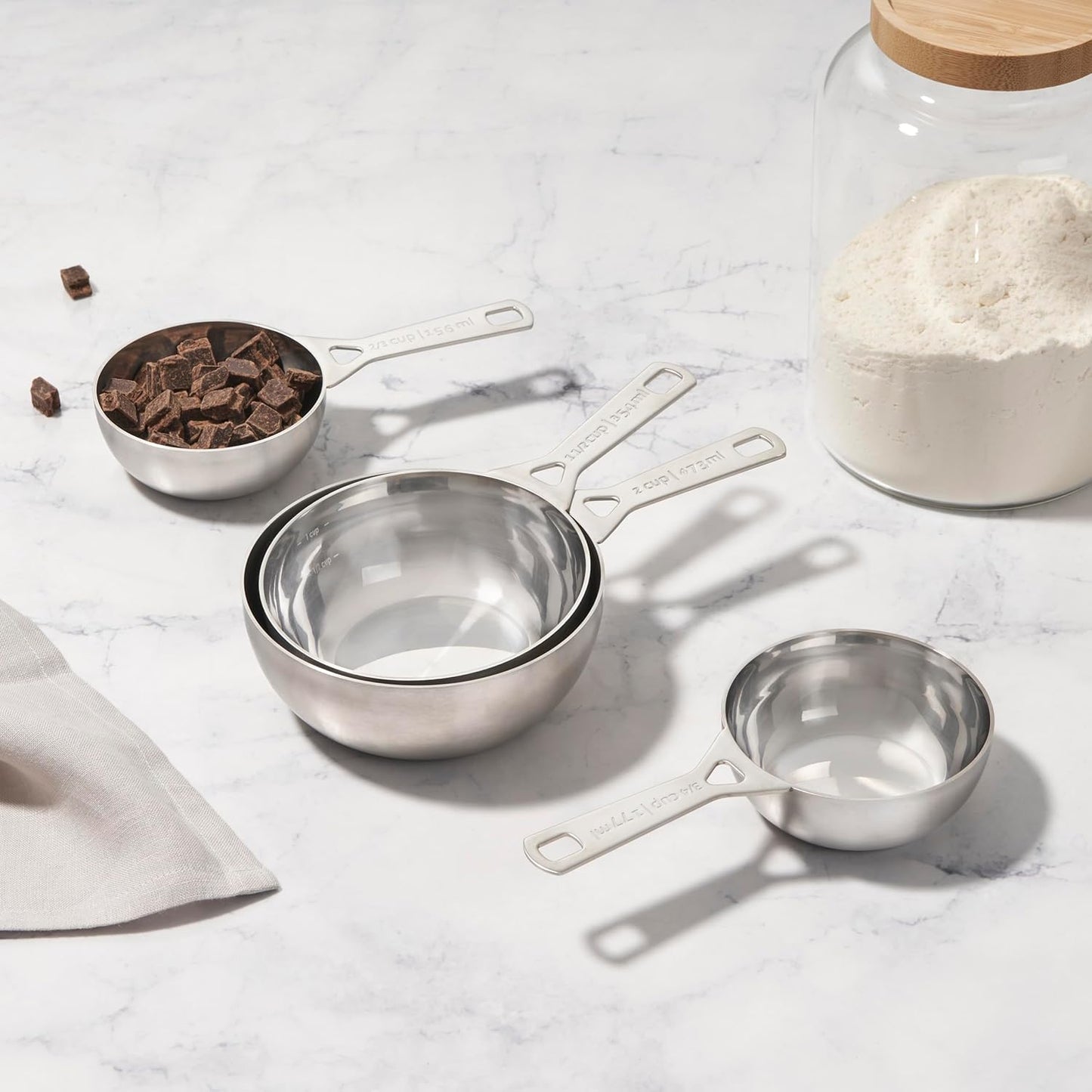 Le Creuset Stainless Steel Batch-Baking Measuring Cups, Set of 4 | Set includes: 2/3, 3/4, 1.5 and 2 cups