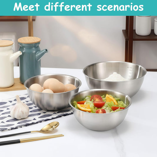 12 Pcs Stainless Steel Mixing Bowls with Graduations, Metal Serving Salad Bowls, Reusable Baking Food Storage Containers for Baking, Cooking, Making Salads, Soups, Ice Cream, Noodles, cereal