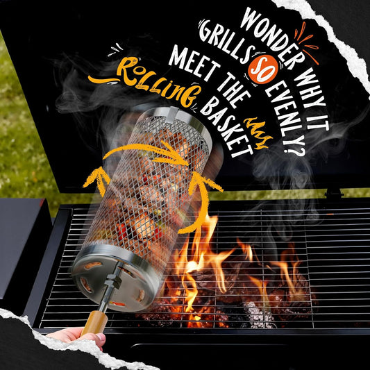 Rolling Grill Basket 2-Pack,304 Stainless Steel Grill Basket with Removable Wooden Handle,BBQ Tool & Smoker Accessory for Grill Rotisseries Veg & Shrimp,Ideal for Outdoor Cooking,Camping & Gifts for Dad/Husband/Men