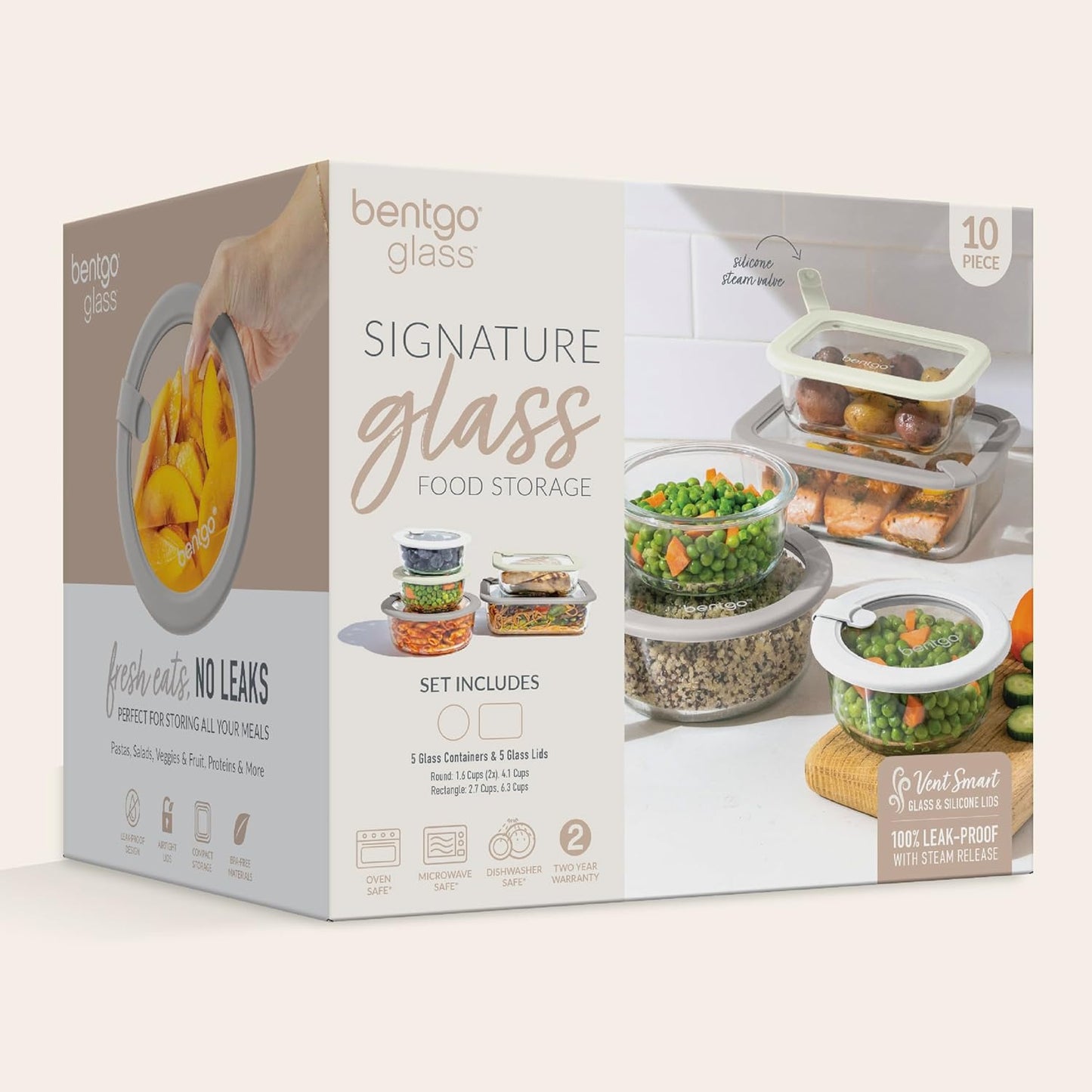 Bentgo Signature Leak-Proof Glass Food Storage - 4-Piece Set, 1-Compartment Plastic-Free Containers with Airtight Glass Lids, BPA-Free, Microwave, Freezer, Oven & Dishwasher Safe (White Stone)
