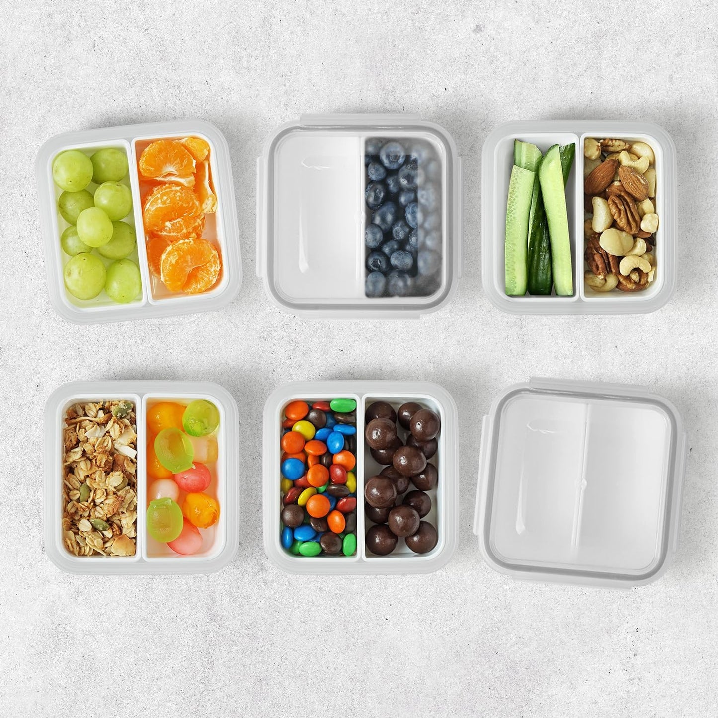 carrotez 2 Compartment Small Snack Containers, Mini Snack Containers for Mini Fridge, Small Divided Food Storage Containers, Airtight Lids, Reusable, 1.1 cup, 2 PACK