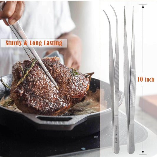 A2Z Cooking Tweezer Straight and Curved Tong Set, Tongs Precision Serrated Tips, Stainless Steel Professional Chef Tweezer Kitchen Tools for BBQ, Plating and Serving (Set of 2-10")