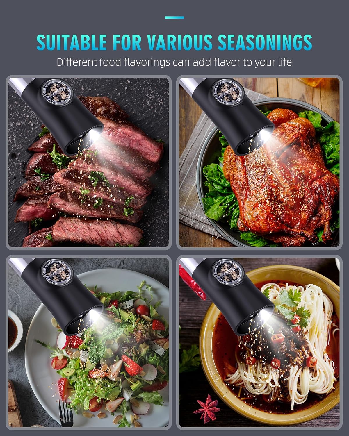Gravity Electric Salt and Pepper Grinder Set, USB Rechargeable Automatic Salt and Pepper Grinders with Charging Base, Adjustable Coarseness, One-Handed Operation, LED Light, Stainless Steel
