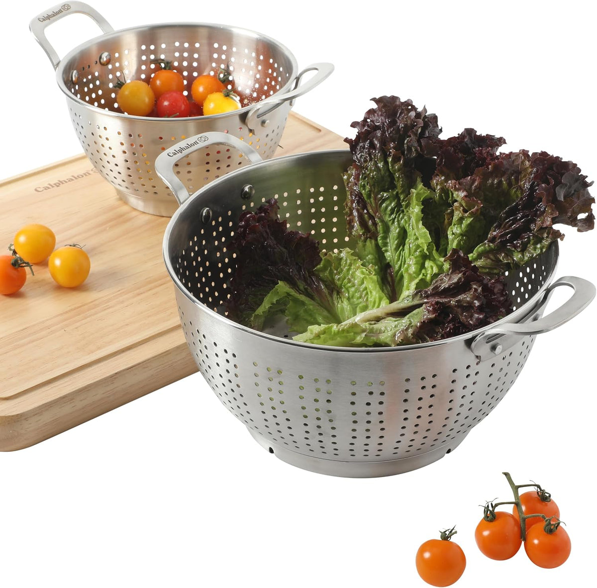Calphalon Astro Colander Set, 2-Piece Stainless Steel Colander and Strainer, 5 QT & 1.5 QT Pasta Strainer with Handles, Matte Finish Kitchen Colander, Silver