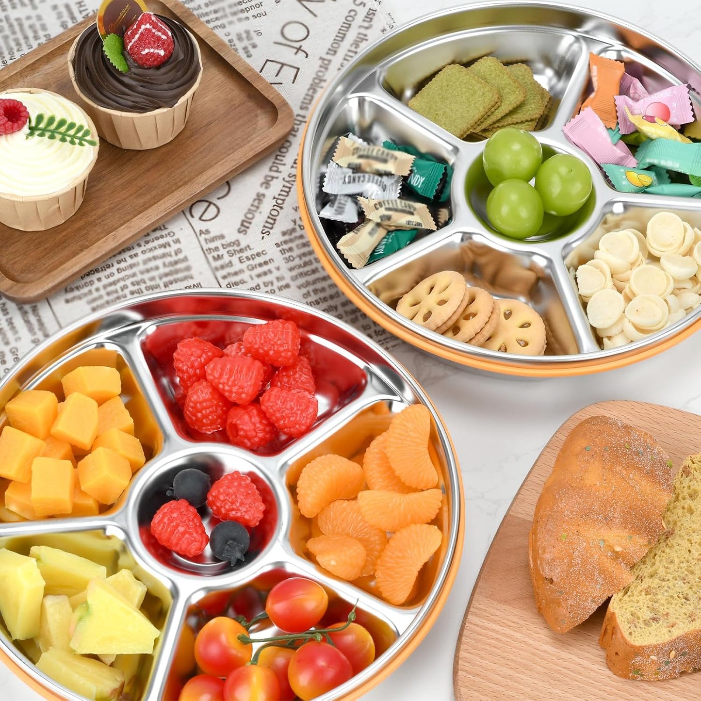 2 pcs Veggie Tray with Lid, Divided Serving Tray with Lid, Round Stainless Steel Serving Platter, Snackle Box Container with 7 Compartments