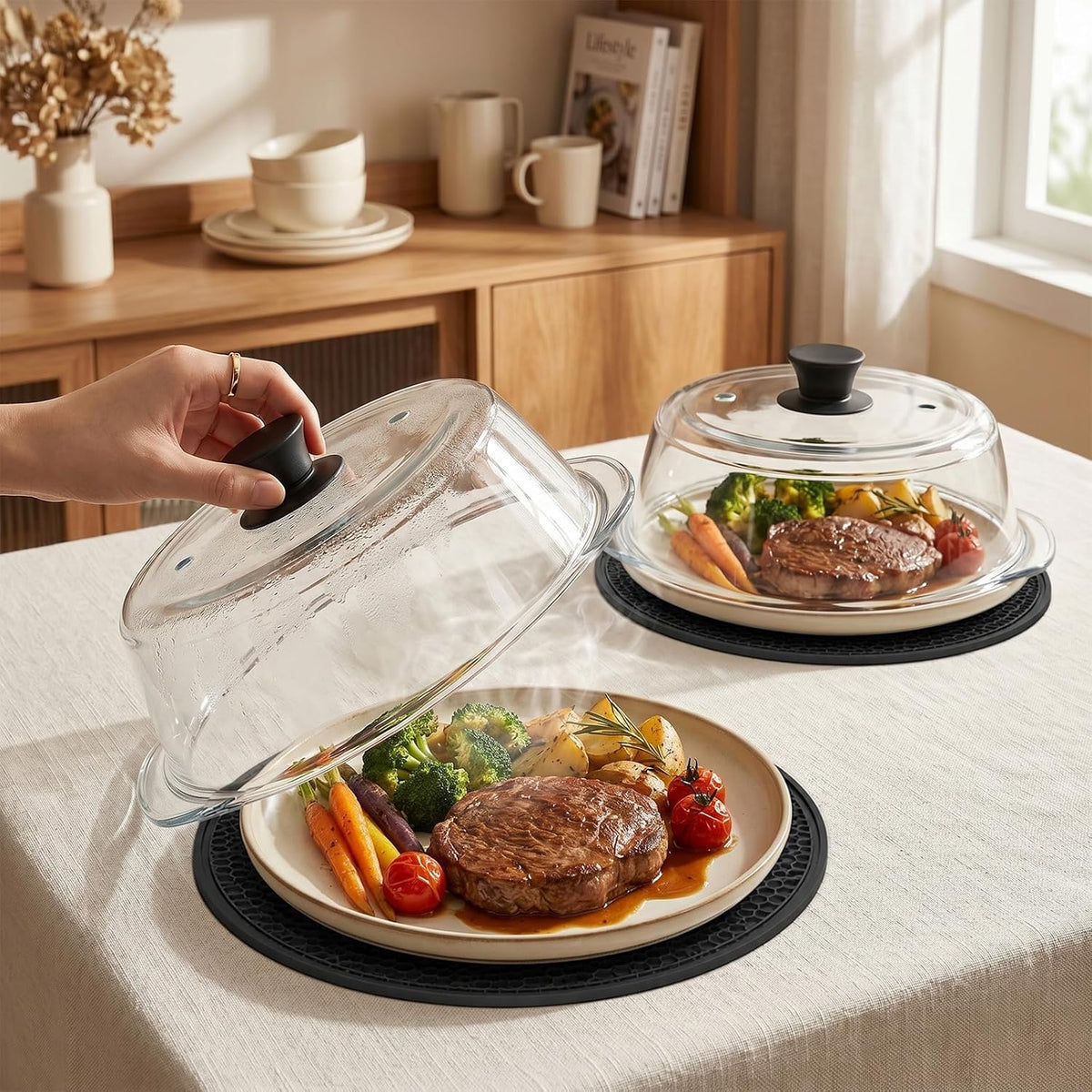 Glass Microwave Cover for Food with Silicone Mat