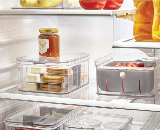 iDesign Small Fridge Organizer Bin with Removable Divider and Lid - Set of 6 - Clear/Gray
