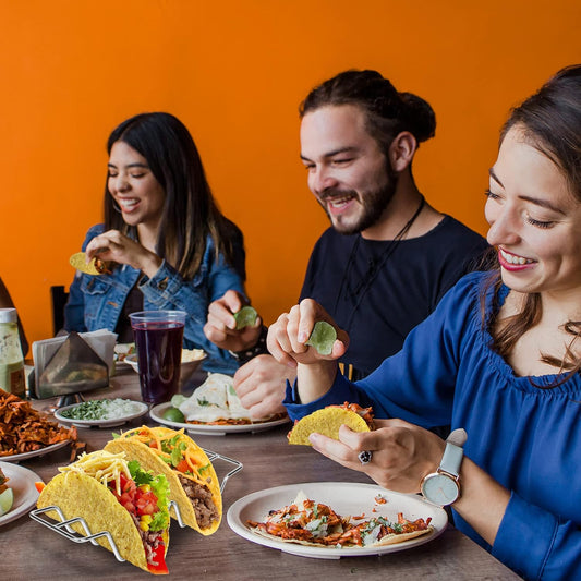 JIBOLAT Taco Holders set of 3,Stainless Steel Taco Shell Holder Stand,Taco Tray Plates for Taco Bar Gifts Accessories,Holds 4 Tacos Each,Oven Safe for Baking, Dishwa sher and Grill Safe