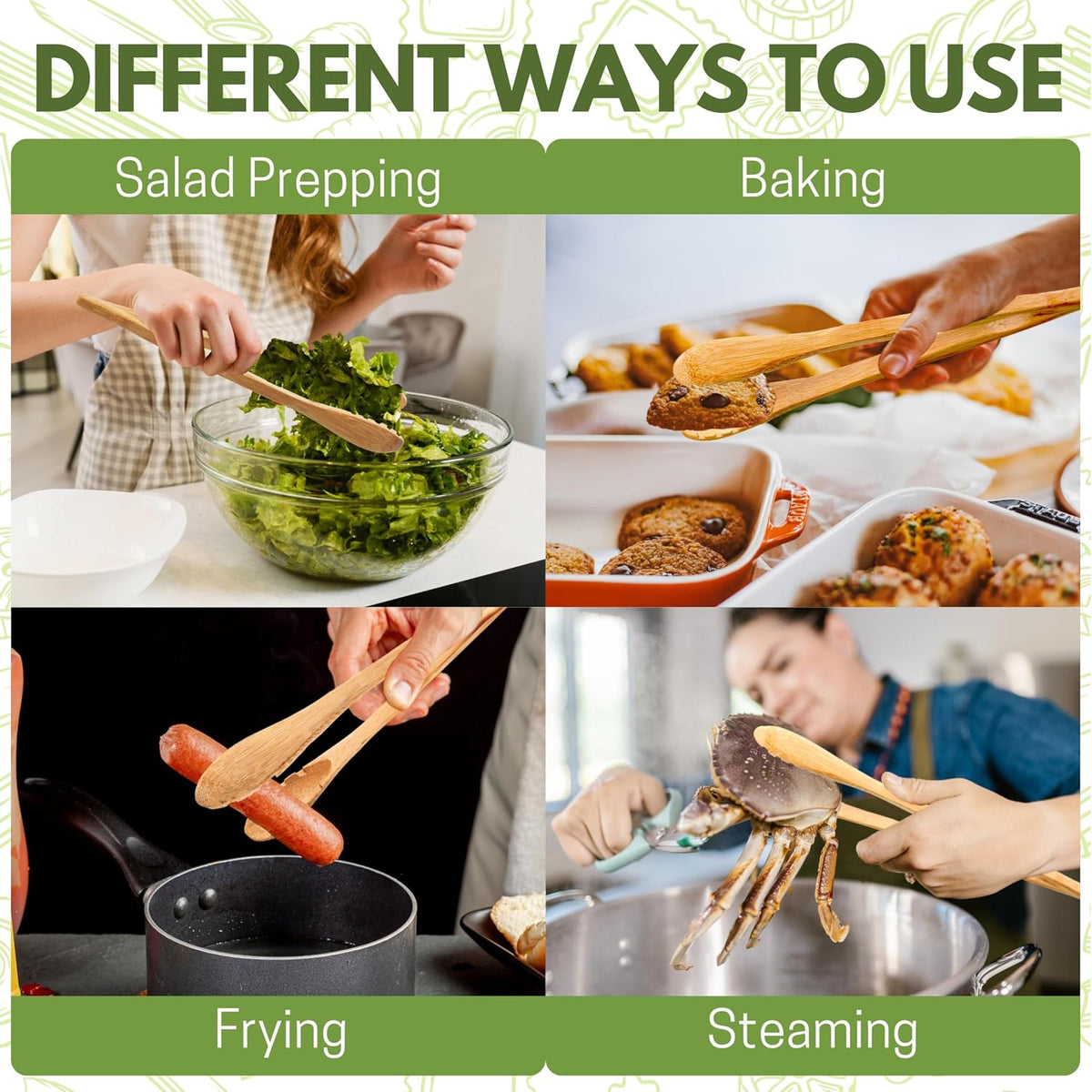 12" Pasta Salad Bamboo Tongs – Natural Wooden Tongs For Cooking & Serving Food, Wooden Kitchen TongsW/Teeth For Pasta Spaghetti Noodles, Salad & Oven Toaster Baking, Heat Resistant Long Wood Tong