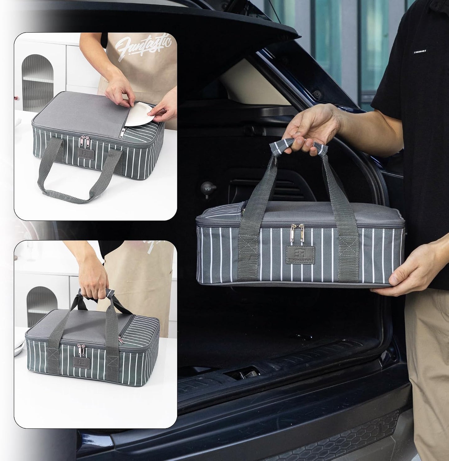 FE FUN ELEMENTS Casserole Carrier, Expandable Insulated Casserole Carriers for Hot or Cold Food, Lasagna Lugger for Parties, Fits 9" x 13" Baking Dish, Grey
