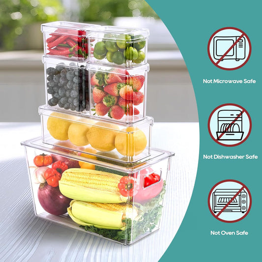 MUCHII 6 Pack Fridge Organizers and Storage, Stackable Fridge Organizer Bins with Lids, Kitchen Organizer Storage Containers for Fruit, Food, Vegetables