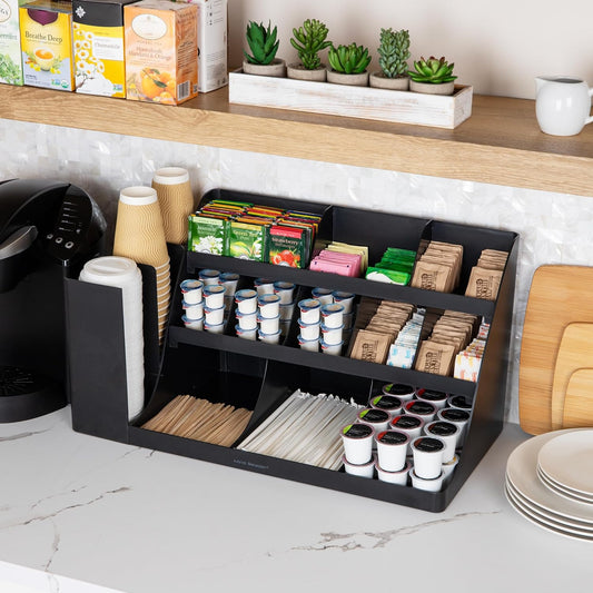 Mind Reader Cup and Condiment Station, Breakroom Countertop Organizer, 3-Tier Storage for Office Coffee Stations and Shared Spaces, Metal Mesh, Black