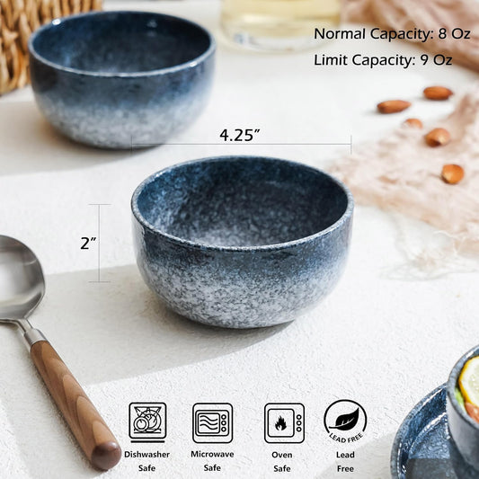 S&Q'S CERAMICS Ceramic Small Bowls for Kitchen, Set of 6, 9 ounce Ice Cream Bowls, Soup, Dipping, Side Dishes, Condiments, Snack, Prep, Microwave and Dishwasher Safe (Dark Blue)