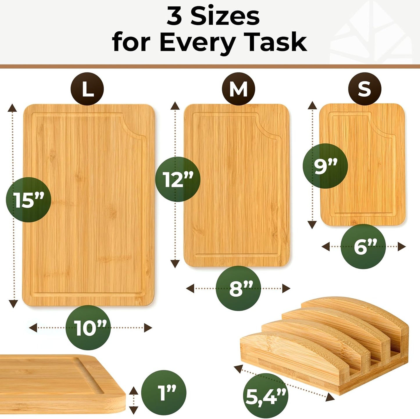 Set of 3 Bamboo Cutting Boards for Kitchen - Thick & Durable Wood Cutting Boards Set with Deep Juice Grooves & Build-in Handles, Large Surface, Easy to Clean – for Meat, Vegetables and Fruits