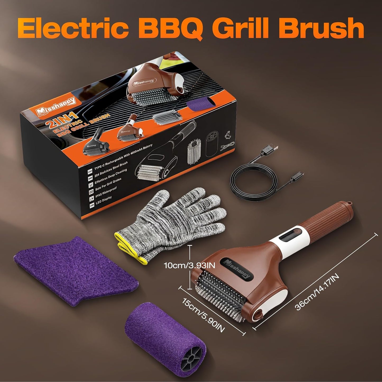 Misshappy Electric BBQ Grill Brush - 4000mAh Cordless BBQ Grill Cleaner 2 Speed - 800RPM Bristle Free Electric Grill Cleaner for Outdoor Grill Rechargeable with Scraper/LED Light/LED Display (Brown)