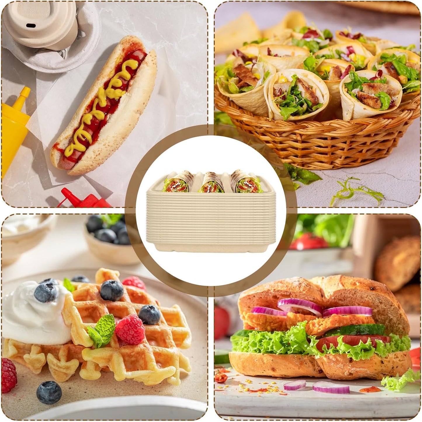 CertBuy 100 Pack Disposable Taco Holders for Party, Premium Disposable Taco Plates with Divider, Paper Taco Holder Plates Trays for 3 Tacos, Taco Tuesday, Taco Bar Serving Set for a Party