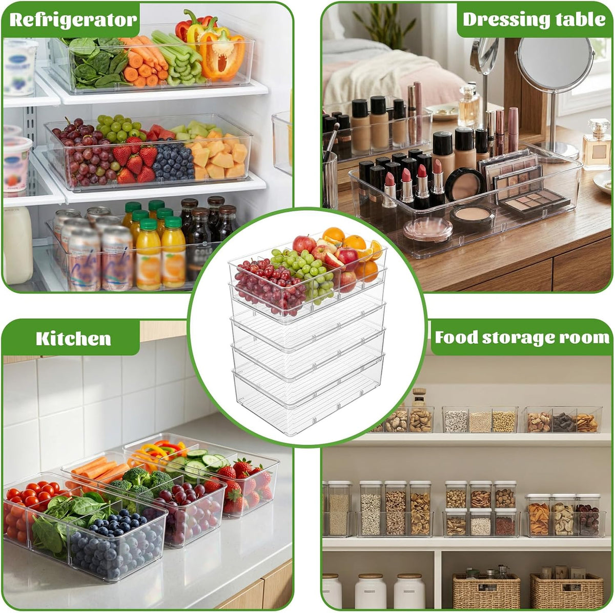 Mifoci 16 Pcs Snack Pantry Organizer and Storage, Clear Plastic Storage Bins with 3 Divider for Kitchen Fridge Shelf Cabinet, Stackable 4 Compartment Container for Pouch, Spice Packet, Snack Organizer