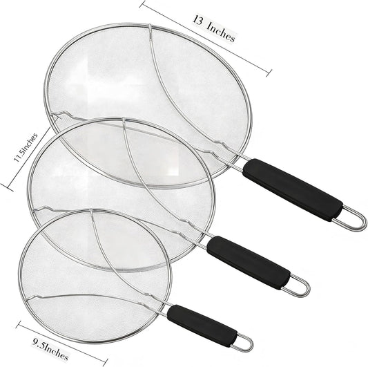 Premium Stainless Steel Grease Splatter Screen for Frying Pans & Cooking Pots, Fine Mesh Oil Splatter Guard with Comfort Grip Handles, 3 Size Set (9.5/11.5/13 Inches) (9.5/11.5inches)