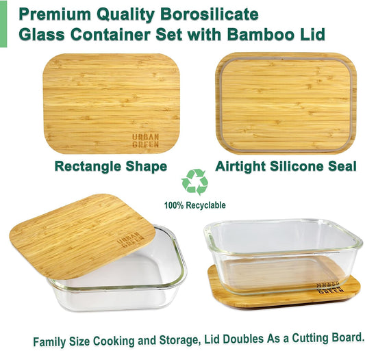 Urban Green Glass Food Container with Bamboo Lid, Airtight food storage Containers set, Glass Meal Prep Containers Set of 5, Dishwasher & Oven Safe
